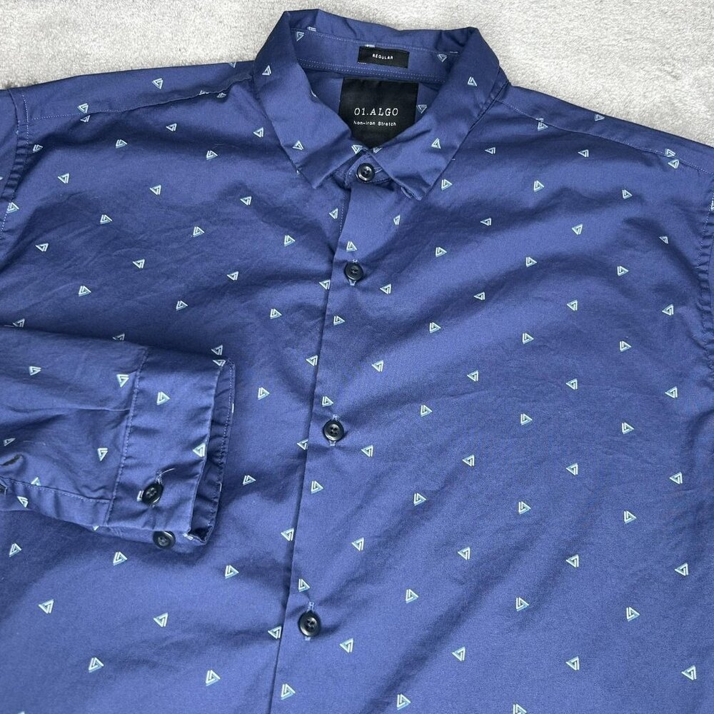 01.ALGO Dress Shirt Mens Large Blue Geometric Non Iron Stretch Long Sleeve